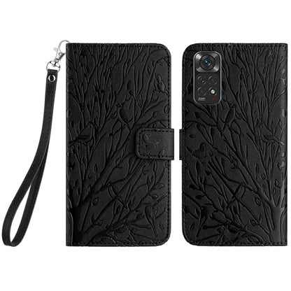 Xiaomi Redmi Note 11S Embossed Leather Phone Case with Tree Birds Pattern, Hand Strap, Card Holder & Adjustable Stand - Shockproof Wallet Cover