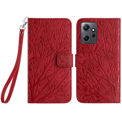 Xiaomi Redmi Note 12 4G Global Embossed Leather Phone Case with Tree Birds Pattern, Hand Strap, Card Holder & Adjustable Stand - Shockproof Wallet Cover