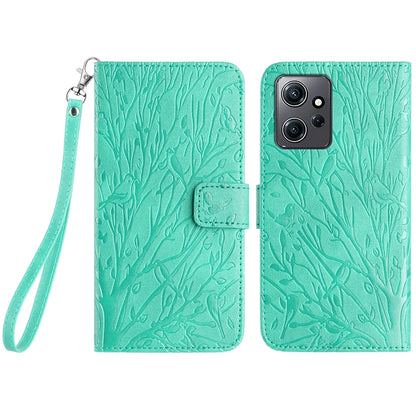 Xiaomi Redmi Note 12 4G Global Embossed Leather Phone Case with Tree Birds Pattern, Hand Strap, Card Holder & Adjustable Stand - Shockproof Wallet Cover