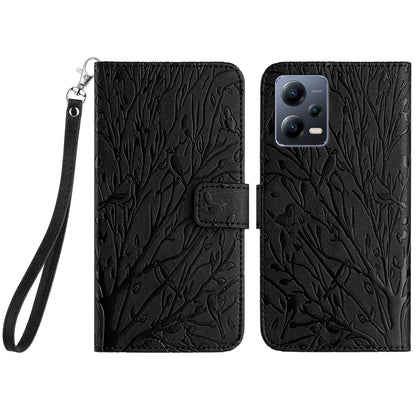 Xiaomi Redmi Note 12 Pro 5G Global Embossed Leather Phone Case with Tree Birds Pattern, Hand Strap, Card Holder & Adjustable Stand - Shockproof Wallet Cover