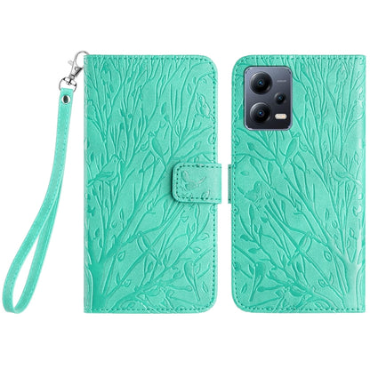 Xiaomi Redmi Note 12 Pro 5G Global Embossed Leather Phone Case with Tree Birds Pattern, Hand Strap, Card Holder & Adjustable Stand - Shockproof Wallet Cover