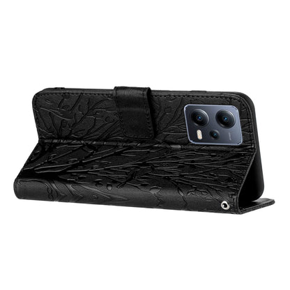 Xiaomi Redmi Note 12 Pro+ Global Embossed Leather Phone Case with Tree Birds Pattern, Hand Strap, Card Holder & Adjustable Stand - Shockproof Wallet Cover
