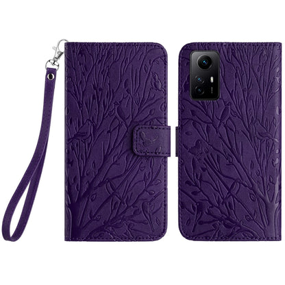 Xiaomi Redmi Note 12S Embossed Leather Phone Case with Tree Birds Pattern, Hand Strap, Card Holder & Adjustable Stand - Shockproof Wallet Cover