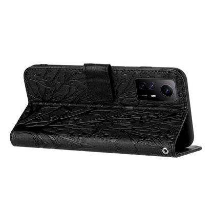 Xiaomi Redmi Note 12S Embossed Leather Phone Case with Tree Birds Pattern, Hand Strap, Card Holder & Adjustable Stand - Shockproof Wallet Cover