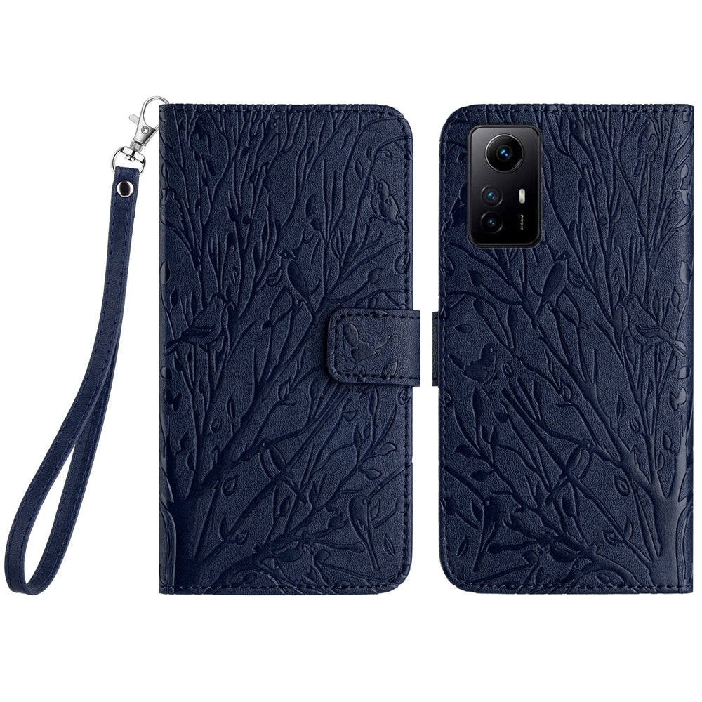 Xiaomi Redmi Note 12S Embossed Leather Phone Case with Tree Birds Pattern, Hand Strap, Card Holder & Adjustable Stand - Shockproof Wallet Cover