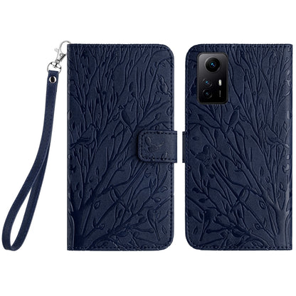 Xiaomi Redmi Note 12S Embossed Leather Phone Case with Tree Birds Pattern, Hand Strap, Card Holder & Adjustable Stand - Shockproof Wallet Cover