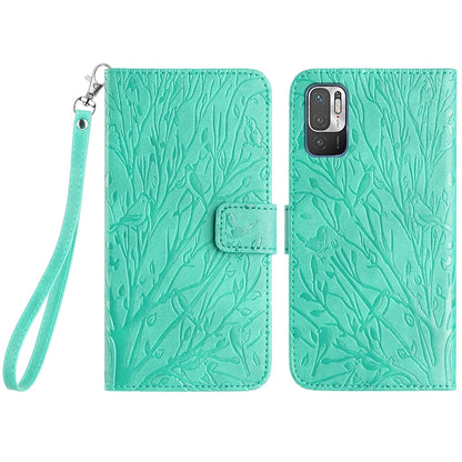 Xiaomi Redmi Note 10 5G Embossed Leather Phone Case with Tree Birds Pattern, Hand Strap, Card Holder & Adjustable Stand - Shockproof Wallet Cover