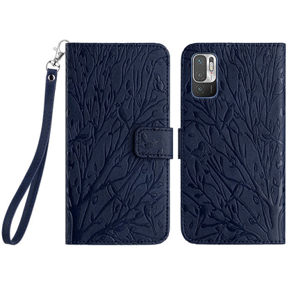 Xiaomi Redmi Note 10 5G Embossed Leather Phone Case with Tree Birds Pattern, Hand Strap, Card Holder & Adjustable Stand - Shockproof Wallet Cover