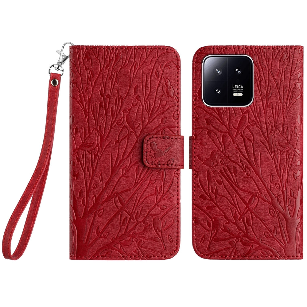 Xiaomi 13 Embossed Leather Phone Case with Tree Birds Pattern, Hand Strap, Card Holder & Adjustable Stand - Shockproof Wallet Cover