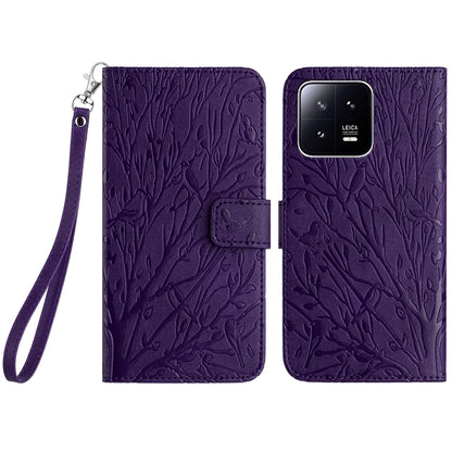 Xiaomi 13 Embossed Leather Phone Case with Tree Birds Pattern, Hand Strap, Card Holder & Adjustable Stand - Shockproof Wallet Cover