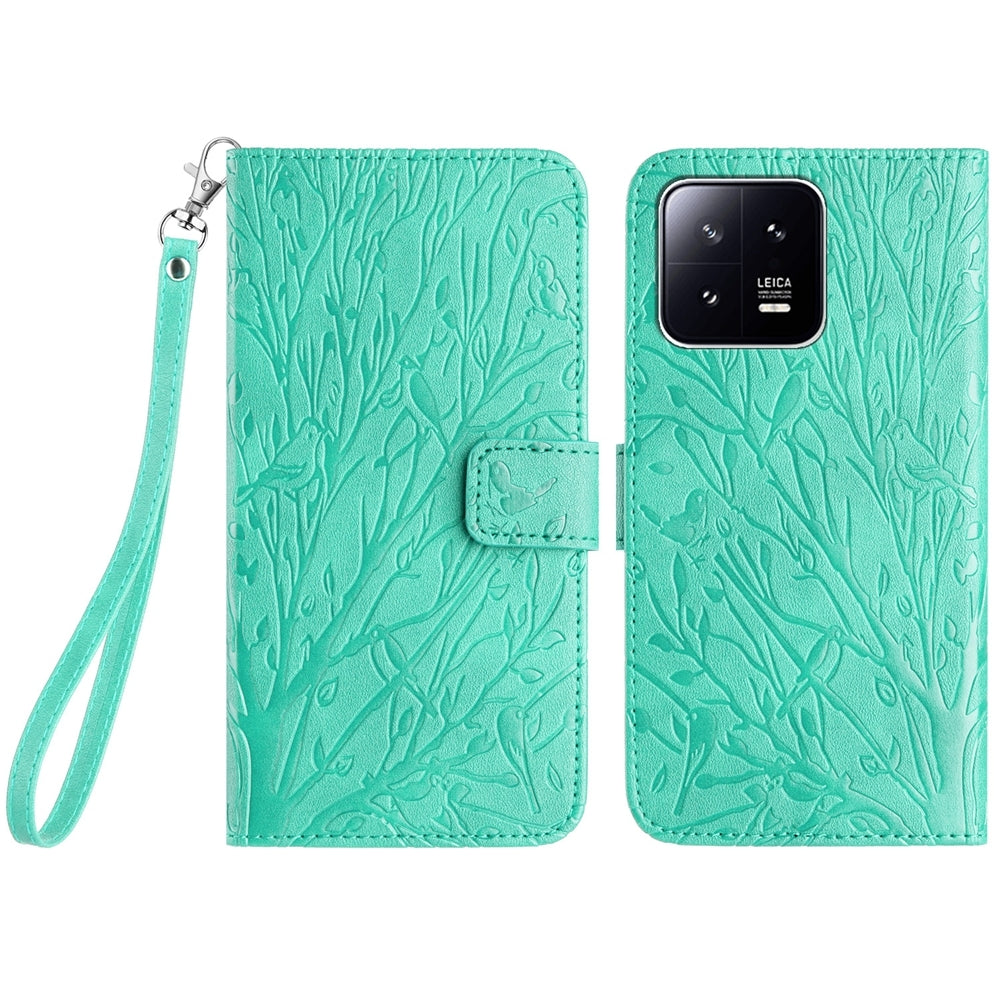 Xiaomi 13 Embossed Leather Phone Case with Tree Birds Pattern, Hand Strap, Card Holder & Adjustable Stand - Shockproof Wallet Cover
