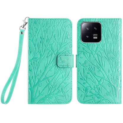 Xiaomi 13 Embossed Leather Phone Case with Tree Birds Pattern, Hand Strap, Card Holder & Adjustable Stand - Shockproof Wallet Cover