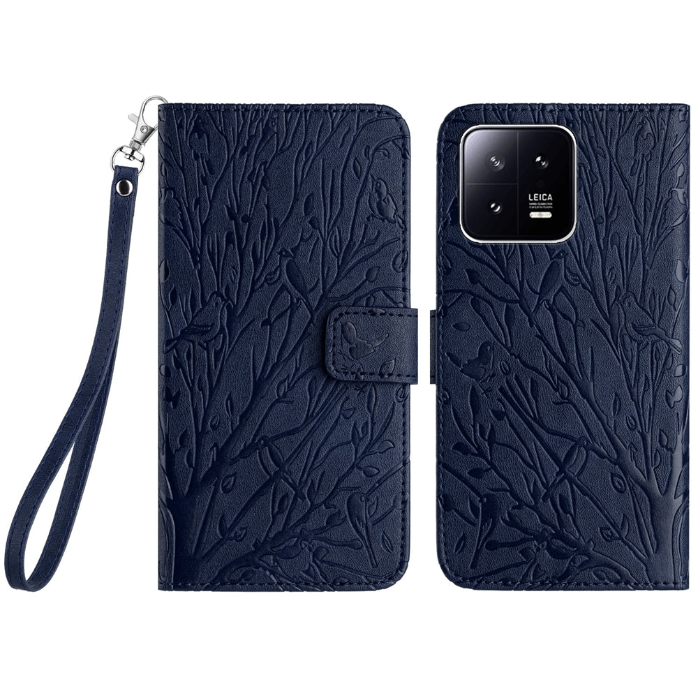 Xiaomi 13 Embossed Leather Phone Case with Tree Birds Pattern, Hand Strap, Card Holder & Adjustable Stand - Shockproof Wallet Cover