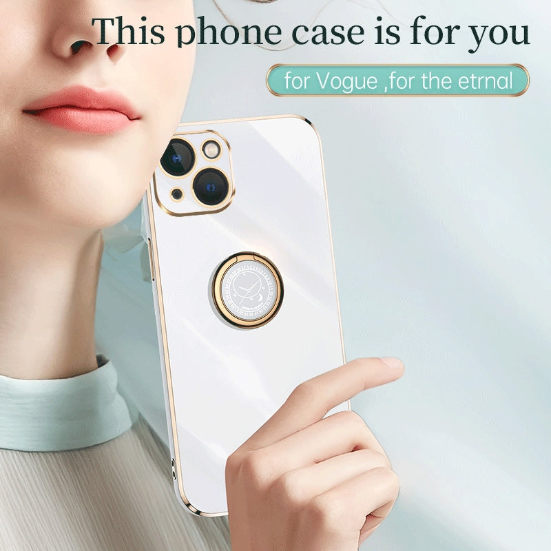 iPhone 15 Plus Tough TPU Phone Case with 6D Electroplate, Straight Edge Design, and Comfortable Ring Holder