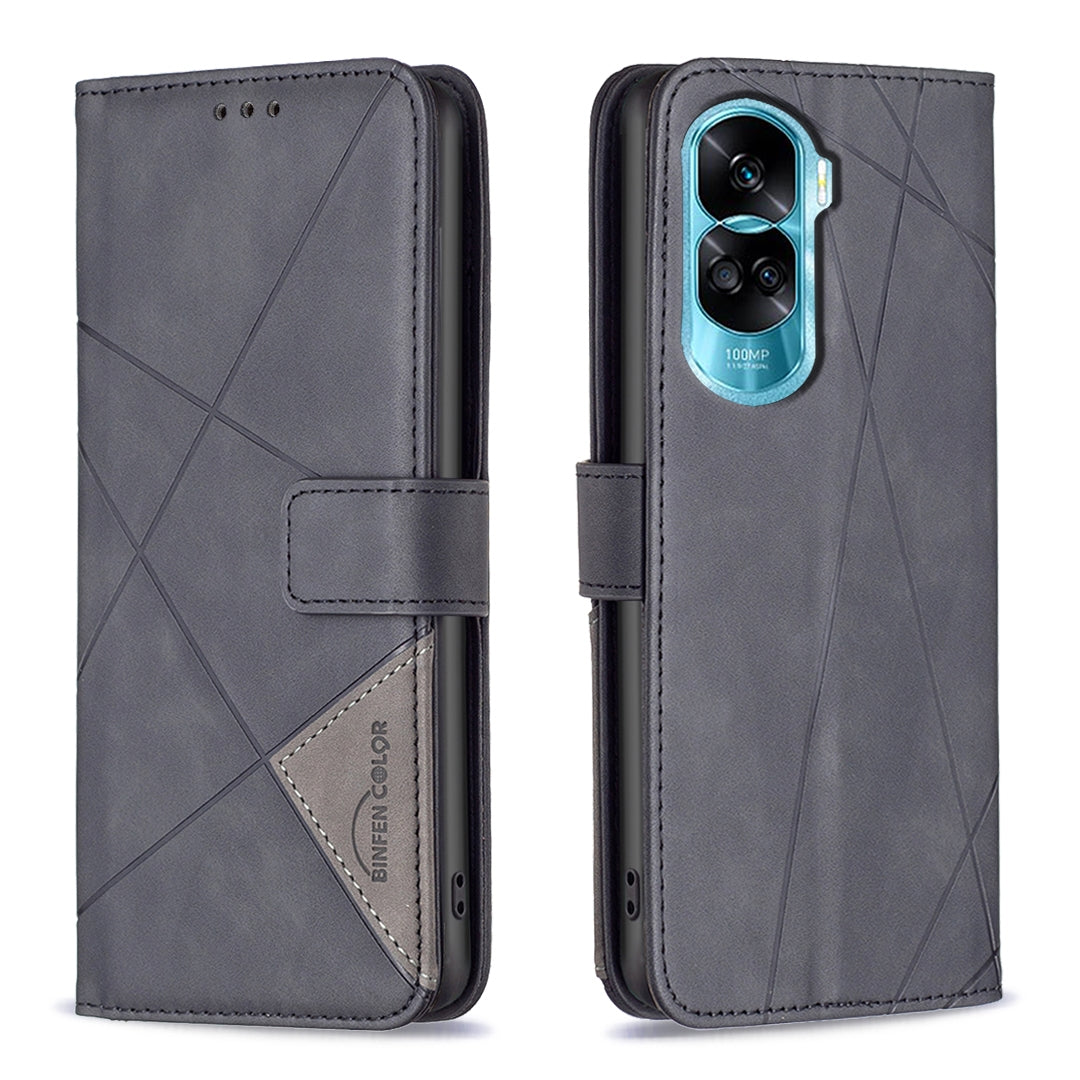 Honor 90 Lite Rhombus Texture Leather Phone Case with Magnetic Buckle and Card Holder