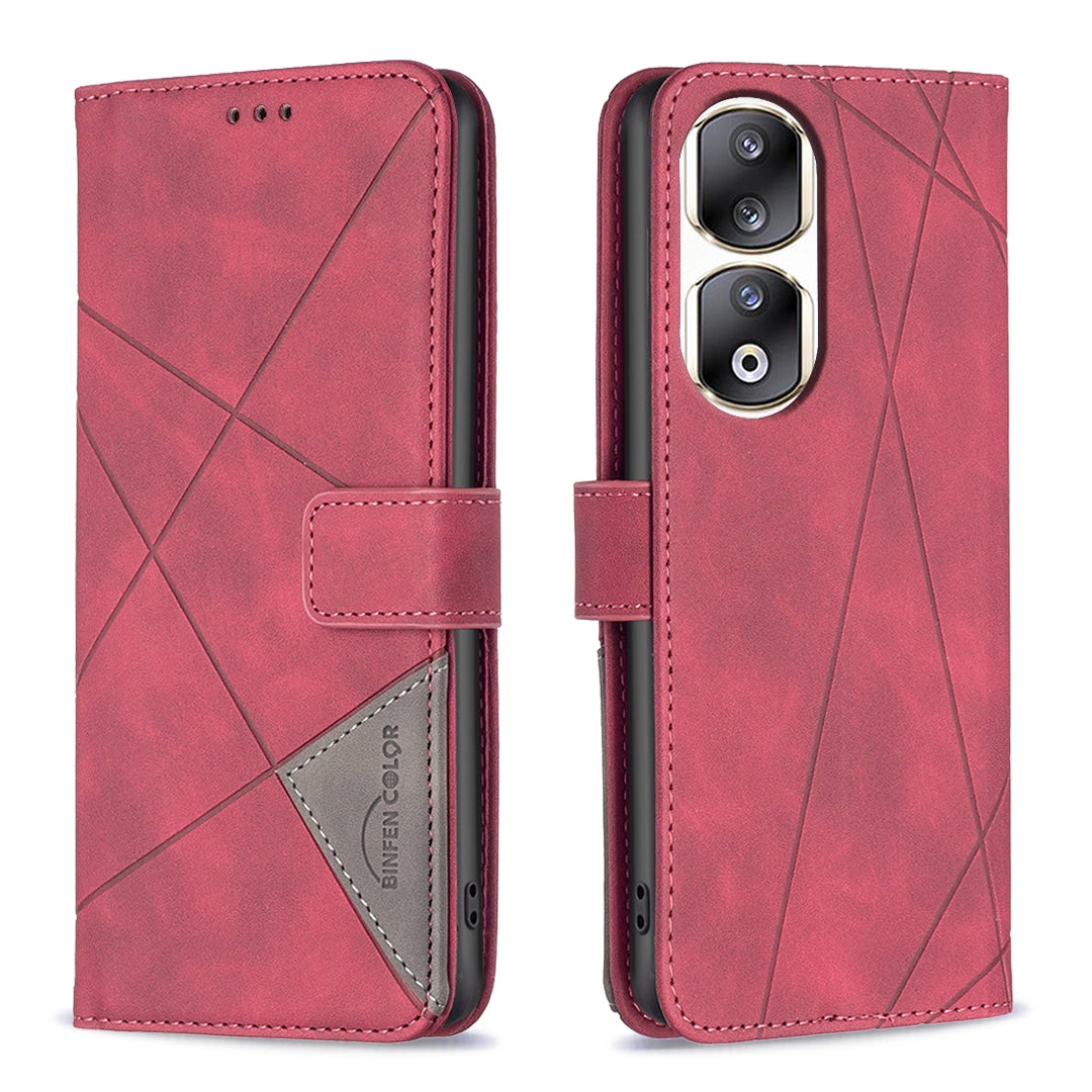 Honor 90 Pro Rhombus Texture Leather Phone Case with Magnetic Buckle and Card Holder