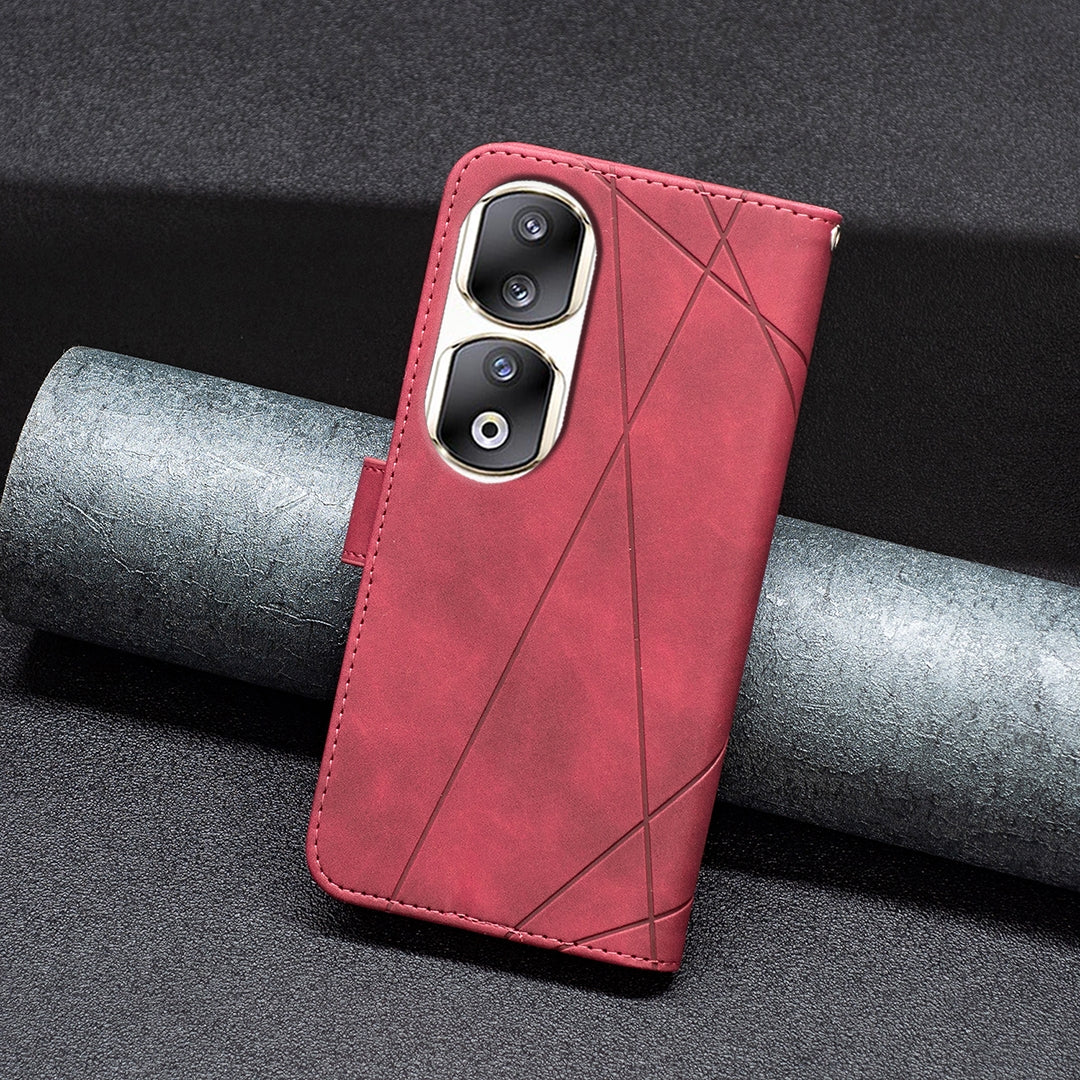 Honor 90 Pro Rhombus Texture Leather Phone Case with Magnetic Buckle and Card Holder