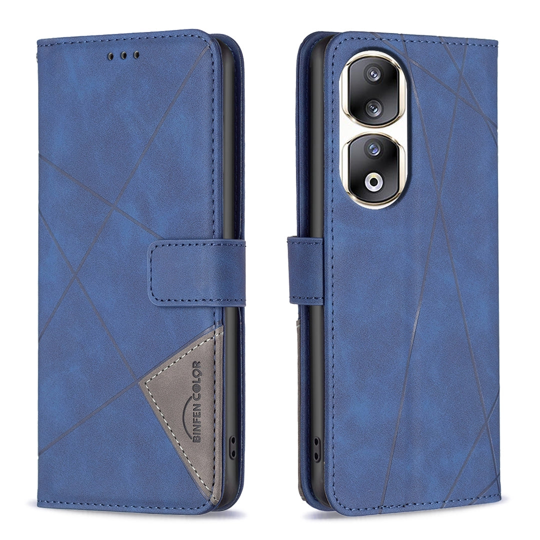 Honor 90 Pro Rhombus Texture Leather Phone Case with Magnetic Buckle and Card Holder