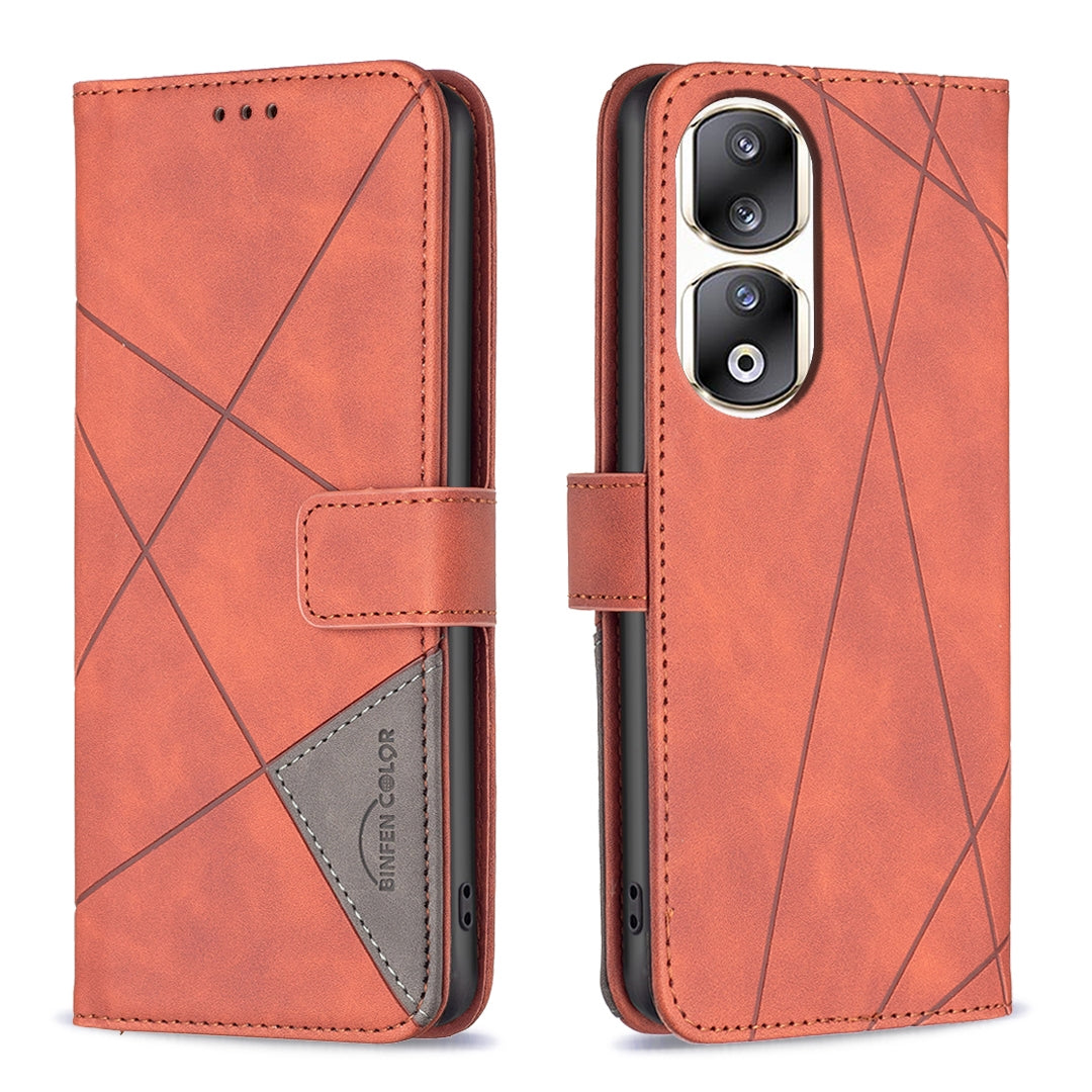 Honor 90 Pro Rhombus Texture Leather Phone Case with Magnetic Buckle and Card Holder