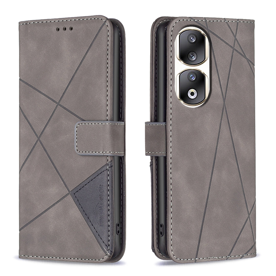 Honor 90 Pro Rhombus Texture Leather Phone Case with Magnetic Buckle and Card Holder