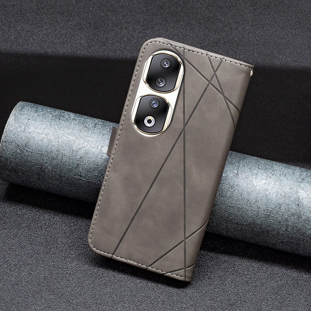 Honor 90 Pro Rhombus Texture Leather Phone Case with Magnetic Buckle and Card Holder