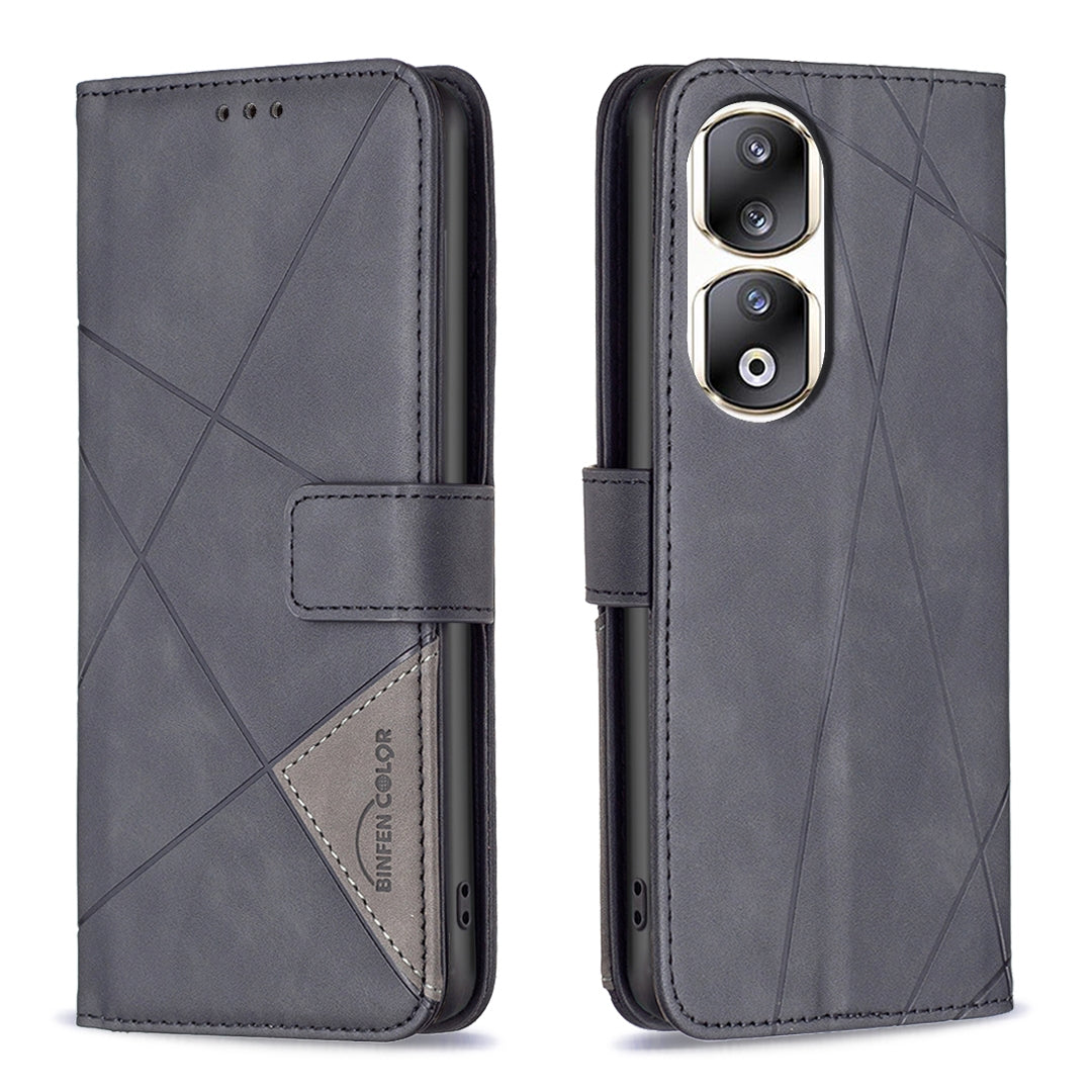 Honor 90 Pro Rhombus Texture Leather Phone Case with Magnetic Buckle and Card Holder