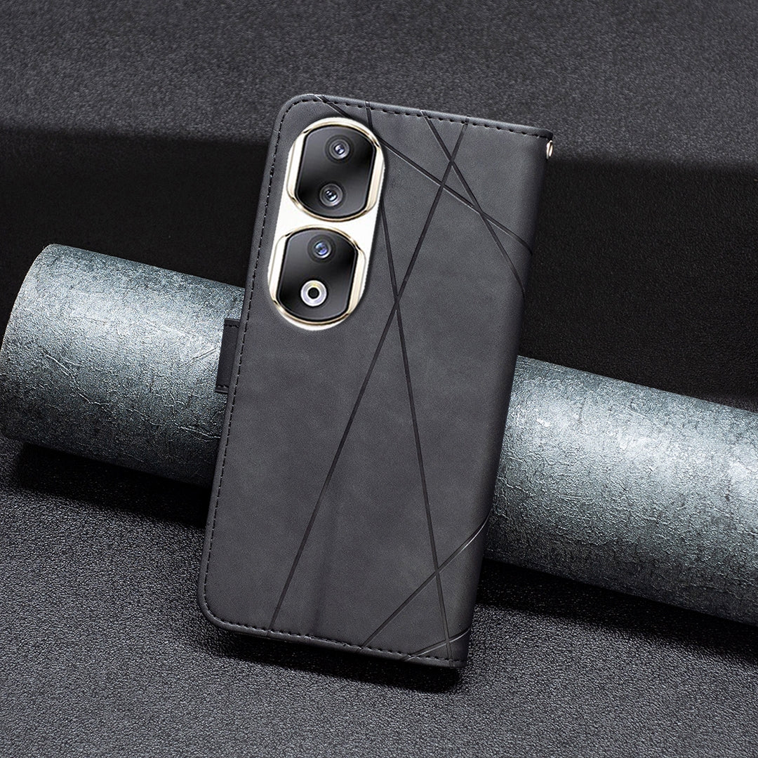 Honor 90 Pro Rhombus Texture Leather Phone Case with Magnetic Buckle and Card Holder