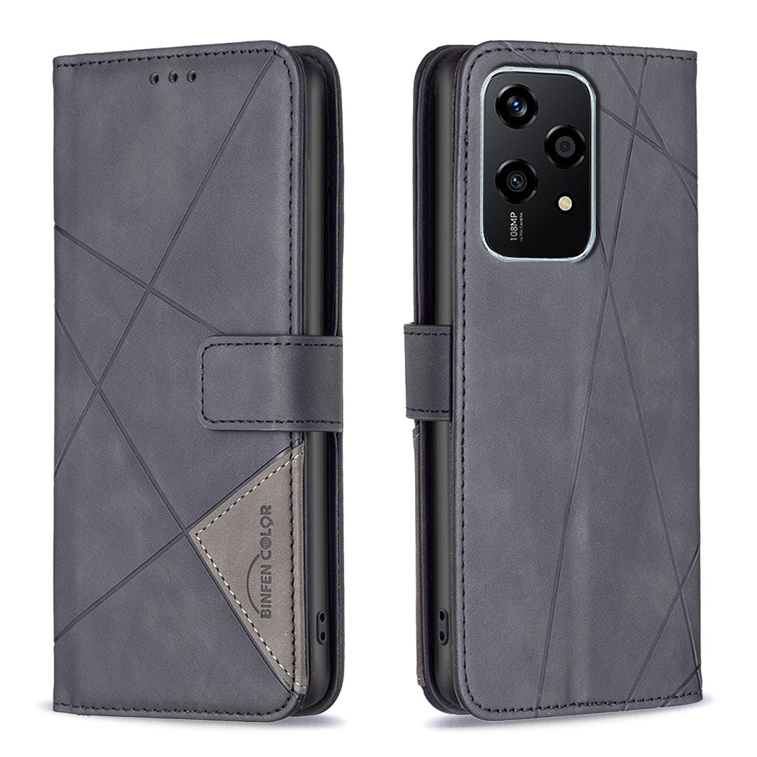 Honor 200 Lite Global Rhombus Texture Leather Phone Case with Magnetic Buckle and Card Holder