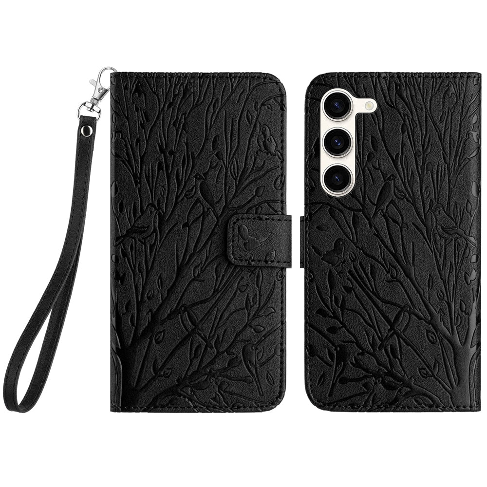 Samsung Galaxy S23 Embossed Leather Phone Case with Tree Birds Pattern, Hand Strap, Card Holder & Adjustable Stand - Shockproof Wallet Cover