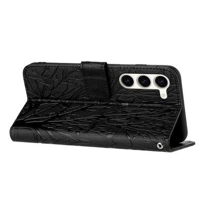Samsung Galaxy S23 Embossed Leather Phone Case with Tree Birds Pattern, Hand Strap, Card Holder & Adjustable Stand - Shockproof Wallet Cover