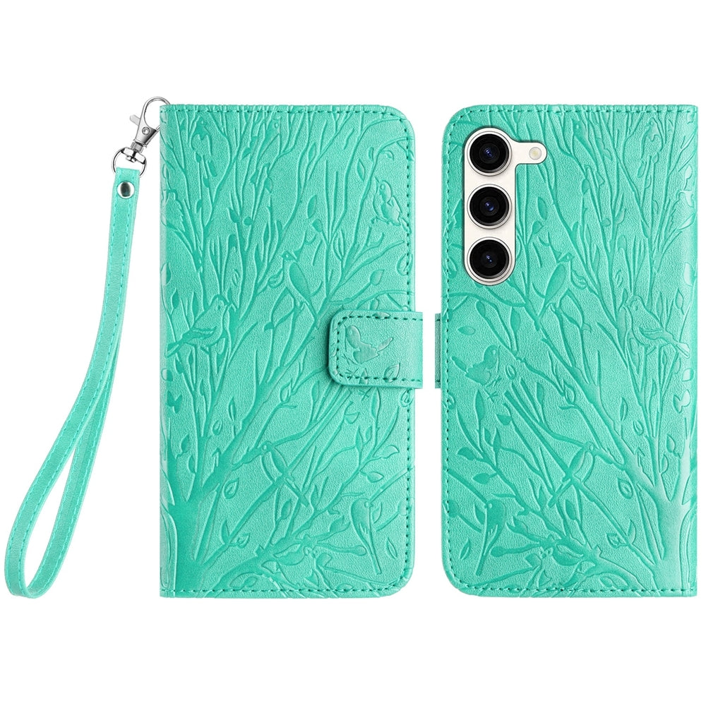 Samsung Galaxy S23 Embossed Leather Phone Case with Tree Birds Pattern, Hand Strap, Card Holder & Adjustable Stand - Shockproof Wallet Cover