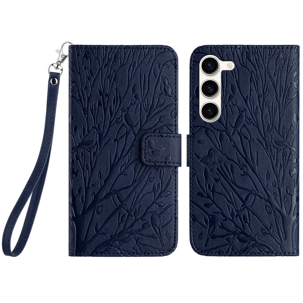 Samsung Galaxy S23 Embossed Leather Phone Case with Tree Birds Pattern, Hand Strap, Card Holder & Adjustable Stand - Shockproof Wallet Cover