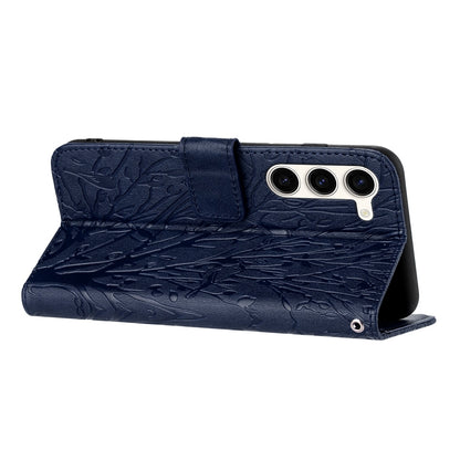 Samsung Galaxy S23 Embossed Leather Phone Case with Tree Birds Pattern, Hand Strap, Card Holder & Adjustable Stand - Shockproof Wallet Cover