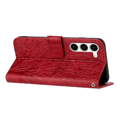 Samsung Galaxy S23+ Embossed Leather Phone Case with Tree Birds Pattern, Hand Strap, Card Holder & Adjustable Stand - Shockproof Wallet Cover