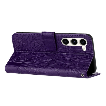 Samsung Galaxy S23+ Embossed Leather Phone Case with Tree Birds Pattern, Hand Strap, Card Holder & Adjustable Stand - Shockproof Wallet Cover