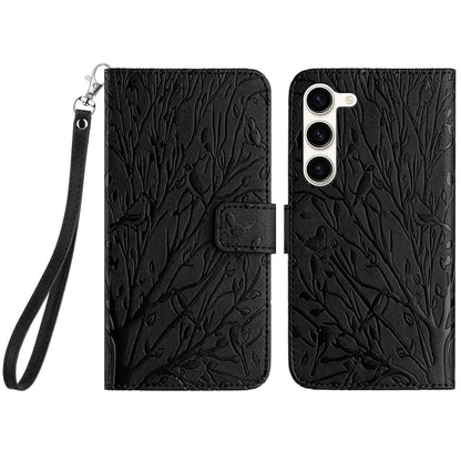 Samsung Galaxy S23+ Embossed Leather Phone Case with Tree Birds Pattern, Hand Strap, Card Holder & Adjustable Stand - Shockproof Wallet Cover