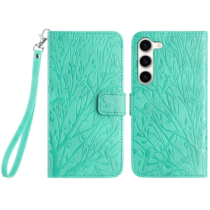 Samsung Galaxy S23+ Embossed Leather Phone Case with Tree Birds Pattern, Hand Strap, Card Holder & Adjustable Stand - Shockproof Wallet Cover