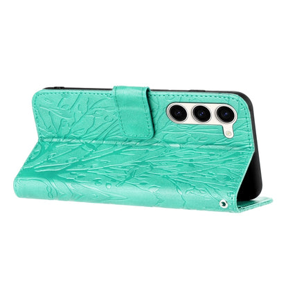 Samsung Galaxy S23+ Embossed Leather Phone Case with Tree Birds Pattern, Hand Strap, Card Holder & Adjustable Stand - Shockproof Wallet Cover