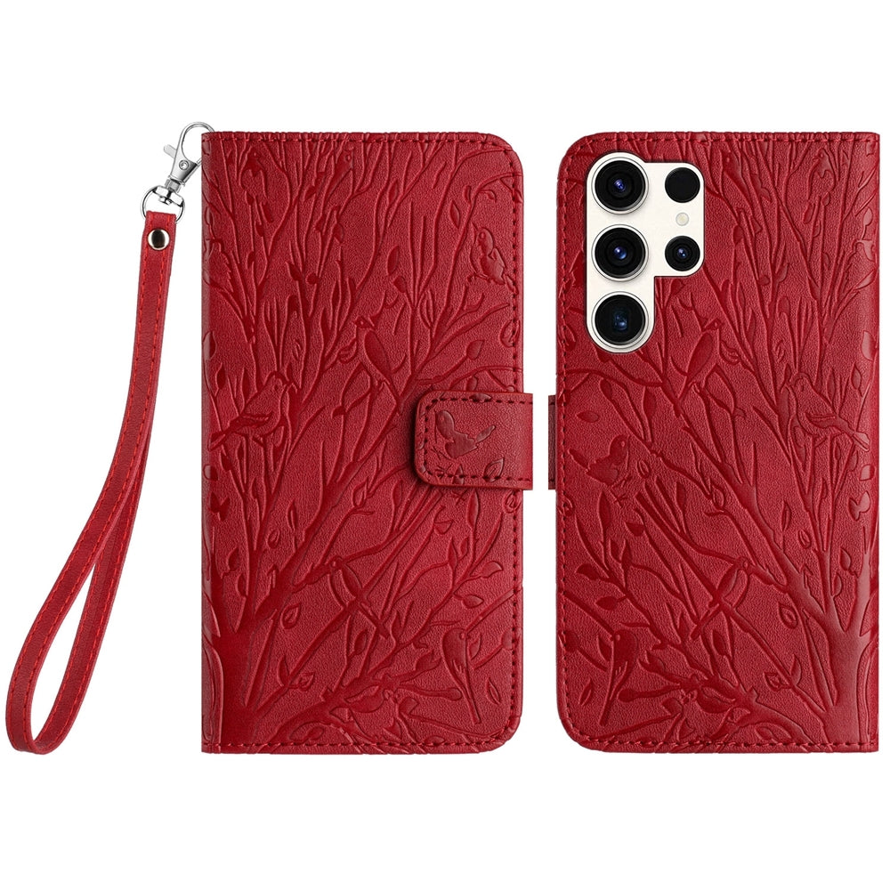 Samsung Galaxy S23 Ultra Embossed Leather Phone Case with Tree Birds Pattern, Hand Strap, Card Holder & Adjustable Stand - Shockproof Wallet Cover