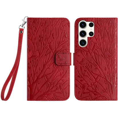 Samsung Galaxy S23 Ultra Embossed Leather Phone Case with Tree Birds Pattern, Hand Strap, Card Holder & Adjustable Stand - Shockproof Wallet Cover
