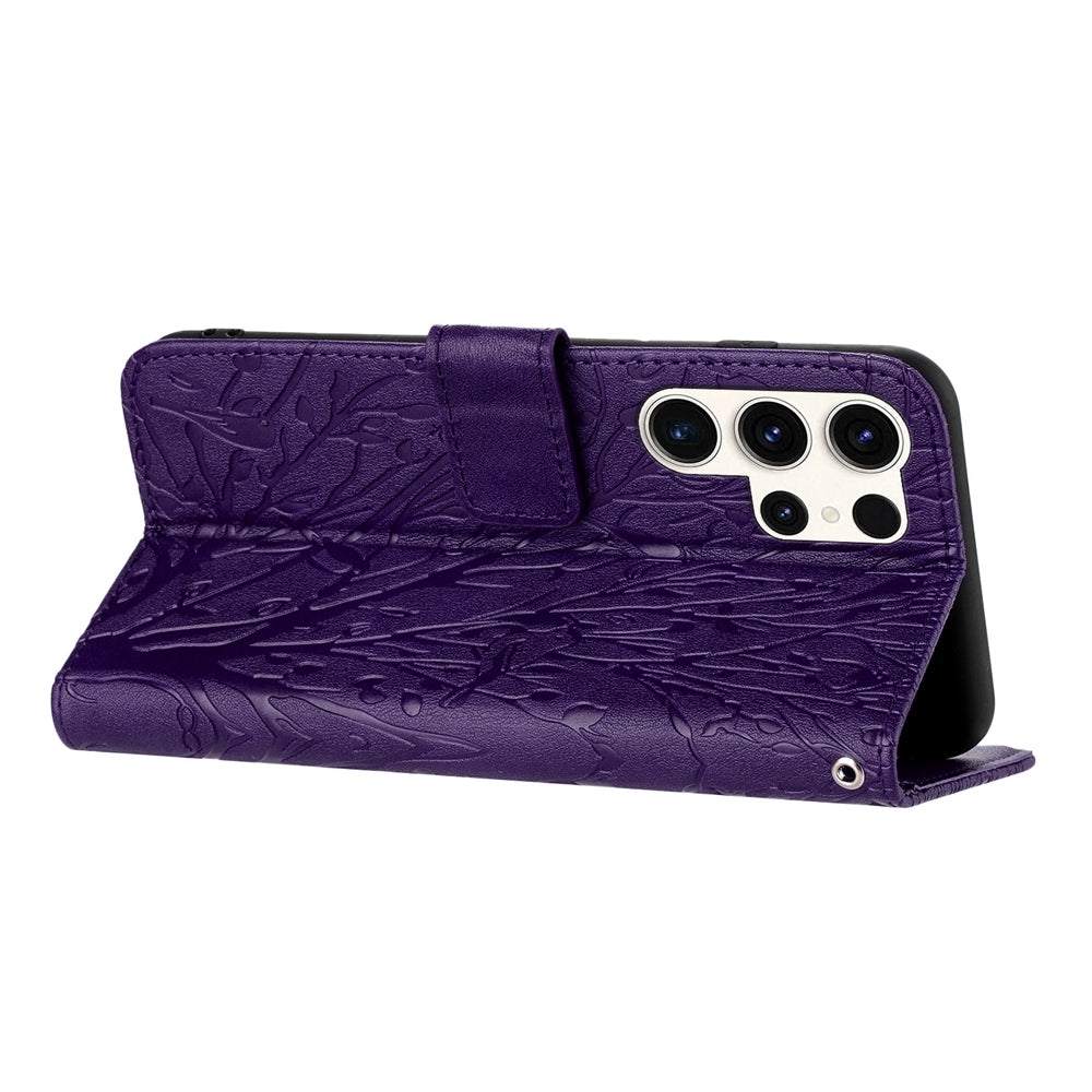 Samsung Galaxy S23 Ultra Embossed Leather Phone Case with Tree Birds Pattern, Hand Strap, Card Holder & Adjustable Stand - Shockproof Wallet Cover