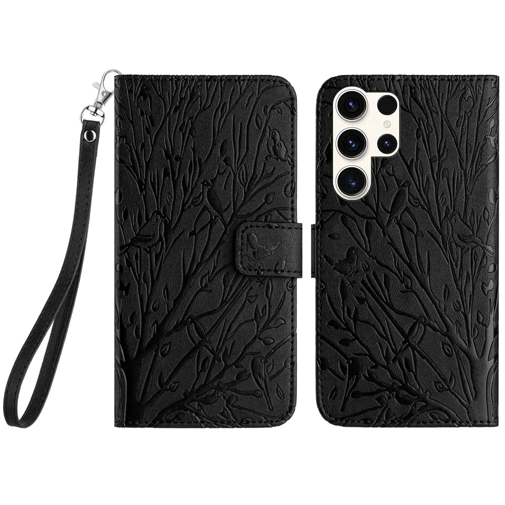 Samsung Galaxy S23 Ultra Embossed Leather Phone Case with Tree Birds Pattern, Hand Strap, Card Holder & Adjustable Stand - Shockproof Wallet Cover