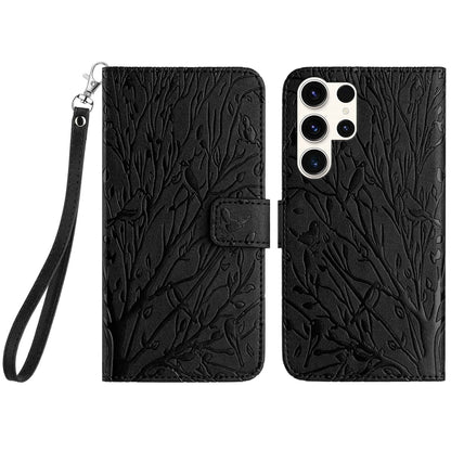 Samsung Galaxy S23 Ultra Embossed Leather Phone Case with Tree Birds Pattern, Hand Strap, Card Holder & Adjustable Stand - Shockproof Wallet Cover