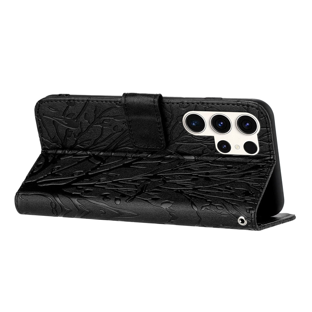 Samsung Galaxy S23 Ultra Embossed Leather Phone Case with Tree Birds Pattern, Hand Strap, Card Holder & Adjustable Stand - Shockproof Wallet Cover