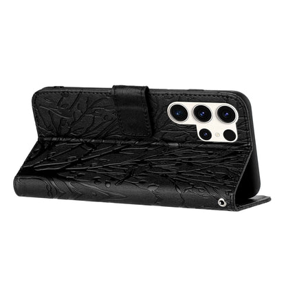 Samsung Galaxy S23 Ultra Embossed Leather Phone Case with Tree Birds Pattern, Hand Strap, Card Holder & Adjustable Stand - Shockproof Wallet Cover