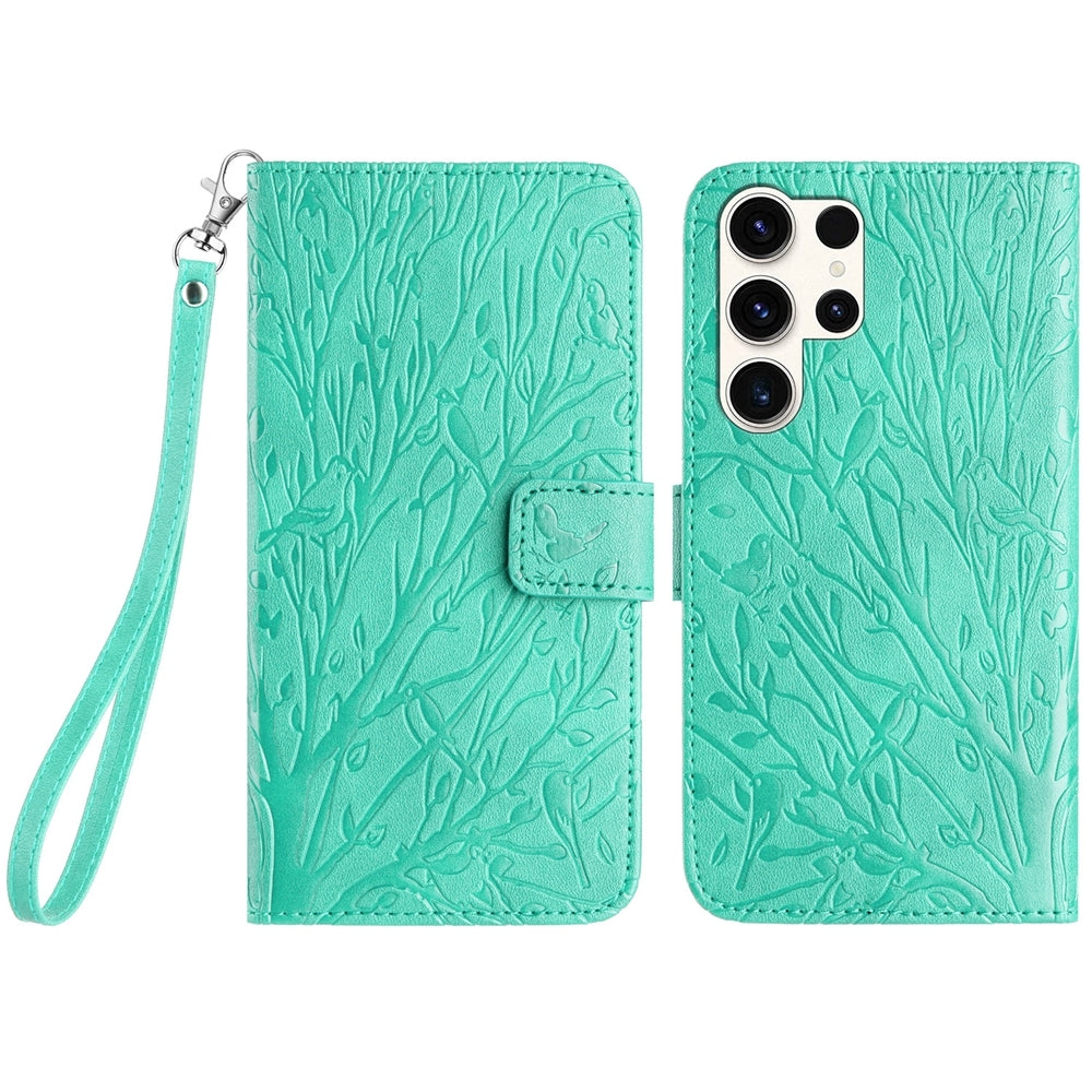 Samsung Galaxy S23 Ultra Embossed Leather Phone Case with Tree Birds Pattern, Hand Strap, Card Holder & Adjustable Stand - Shockproof Wallet Cover