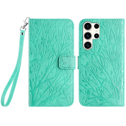 Samsung Galaxy S23 Ultra Embossed Leather Phone Case with Tree Birds Pattern, Hand Strap, Card Holder & Adjustable Stand - Shockproof Wallet Cover
