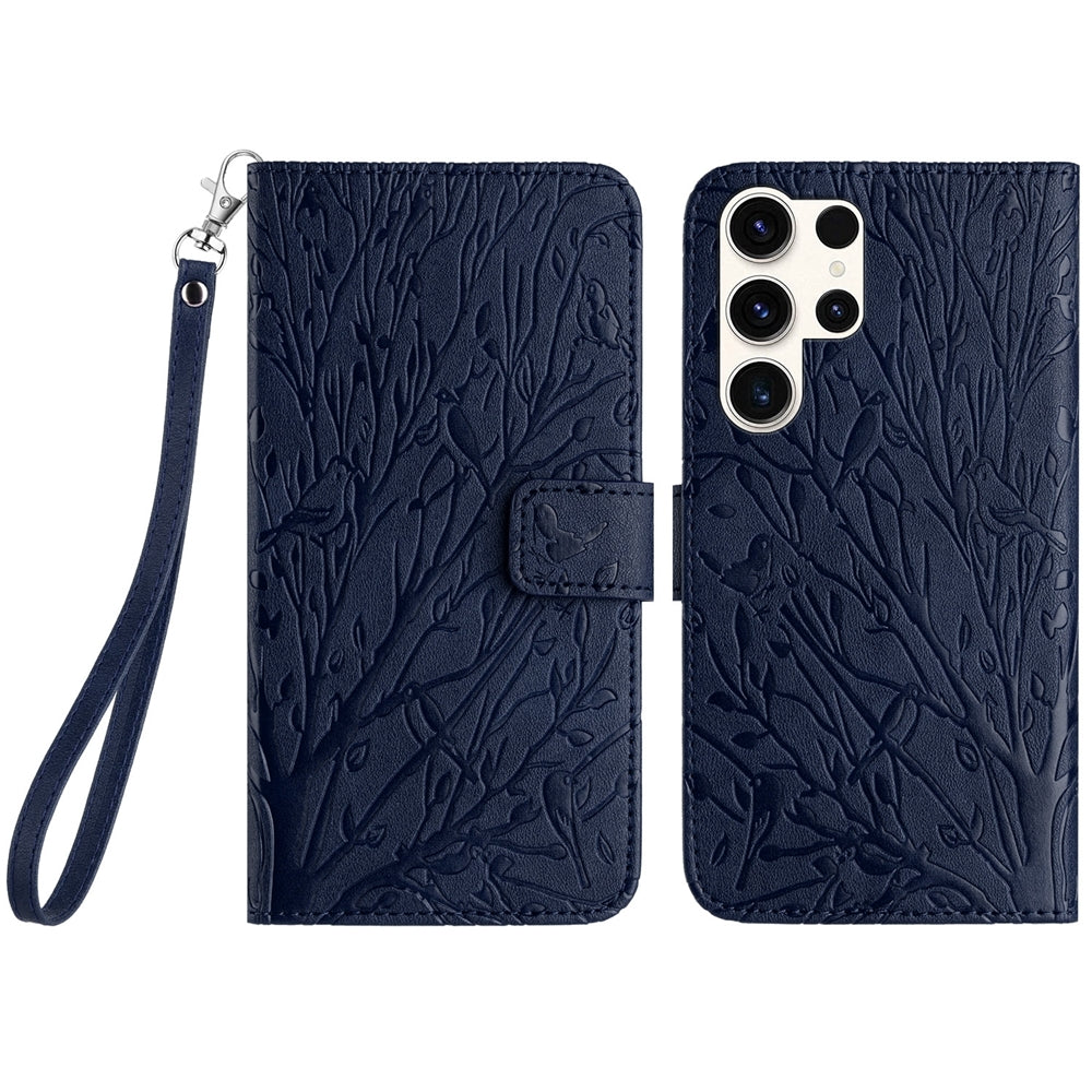 Samsung Galaxy S23 Ultra Embossed Leather Phone Case with Tree Birds Pattern, Hand Strap, Card Holder & Adjustable Stand - Shockproof Wallet Cover