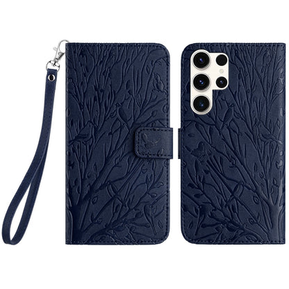Samsung Galaxy S23 Ultra Embossed Leather Phone Case with Tree Birds Pattern, Hand Strap, Card Holder & Adjustable Stand - Shockproof Wallet Cover