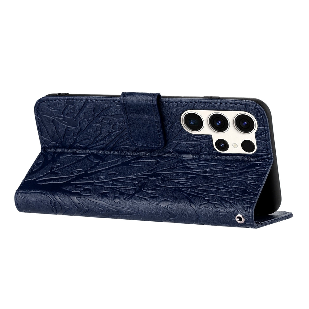 Samsung Galaxy S23 Ultra Embossed Leather Phone Case with Tree Birds Pattern, Hand Strap, Card Holder & Adjustable Stand - Shockproof Wallet Cover